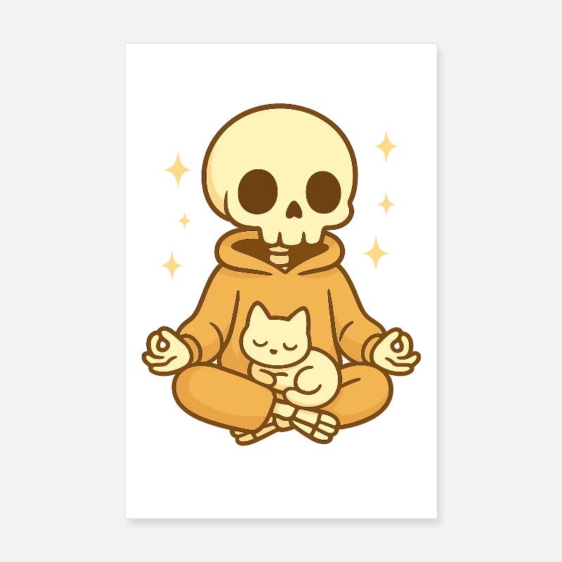 Squelette de méditation avec chat – Douillet et mignon Poster 20 x 30 cm