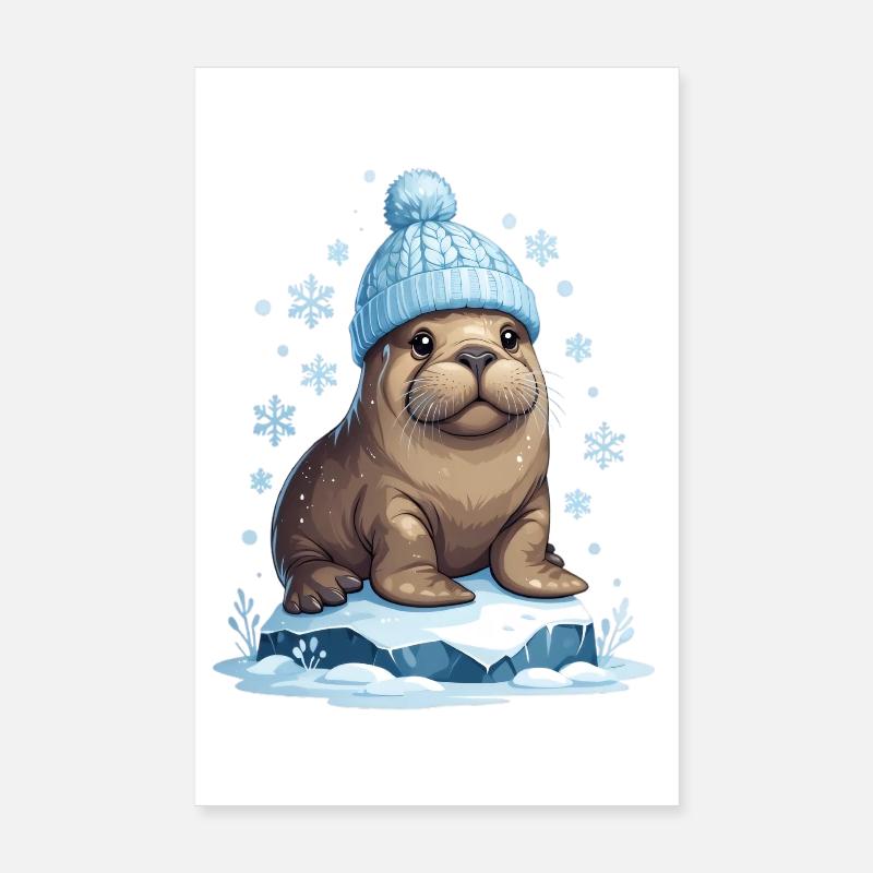 Lion de mer d’hiver à bonnet bleu Poster 20 x 30 cm