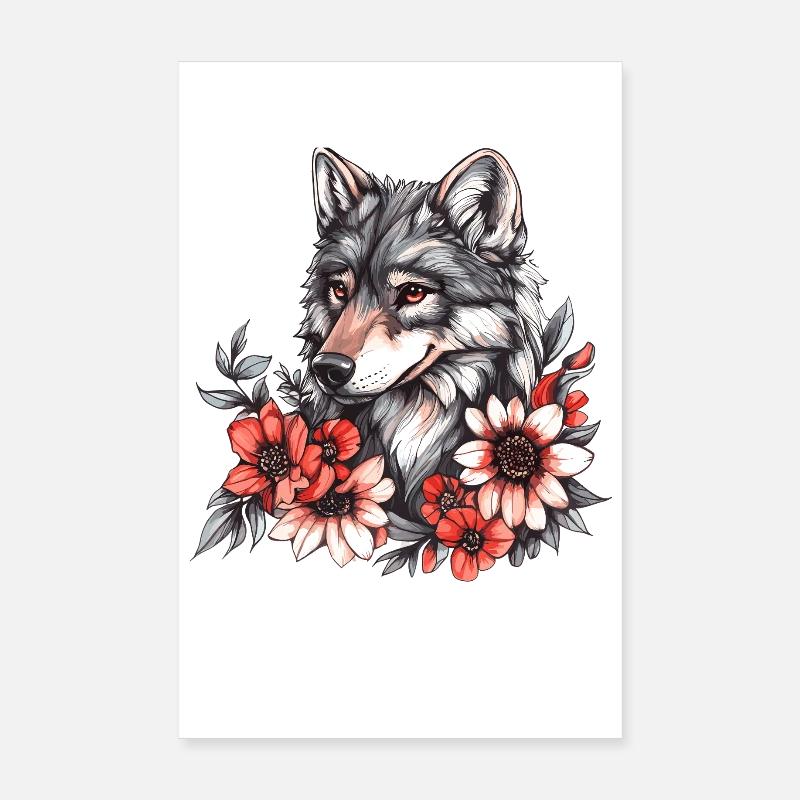 Loup avec une couronne de fleurs Poster 20 x 30 cm