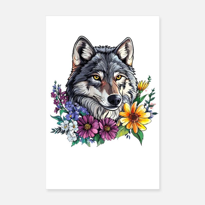 Ami loup dans une couronne de fleurs Poster 20 x 30 cm