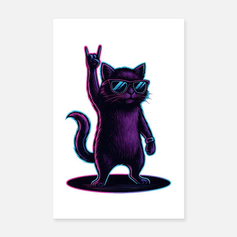 Chat Chat Synthwave avec la pose Rockhand Poster 20 x 30 cm