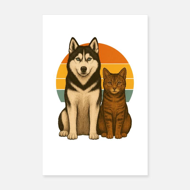 Husky et chat Poster 20 x 30 cm