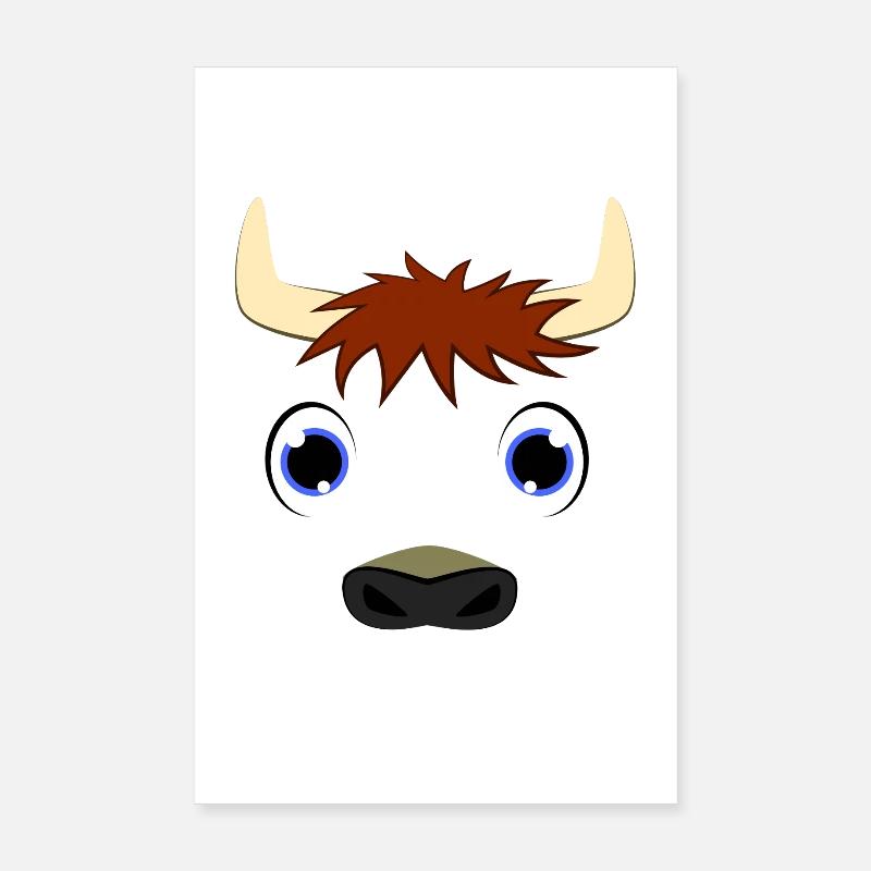 Mignonne dessin animé Visage de bison Buffle aux yeux bleus Faune Poster 20 x 30 cm