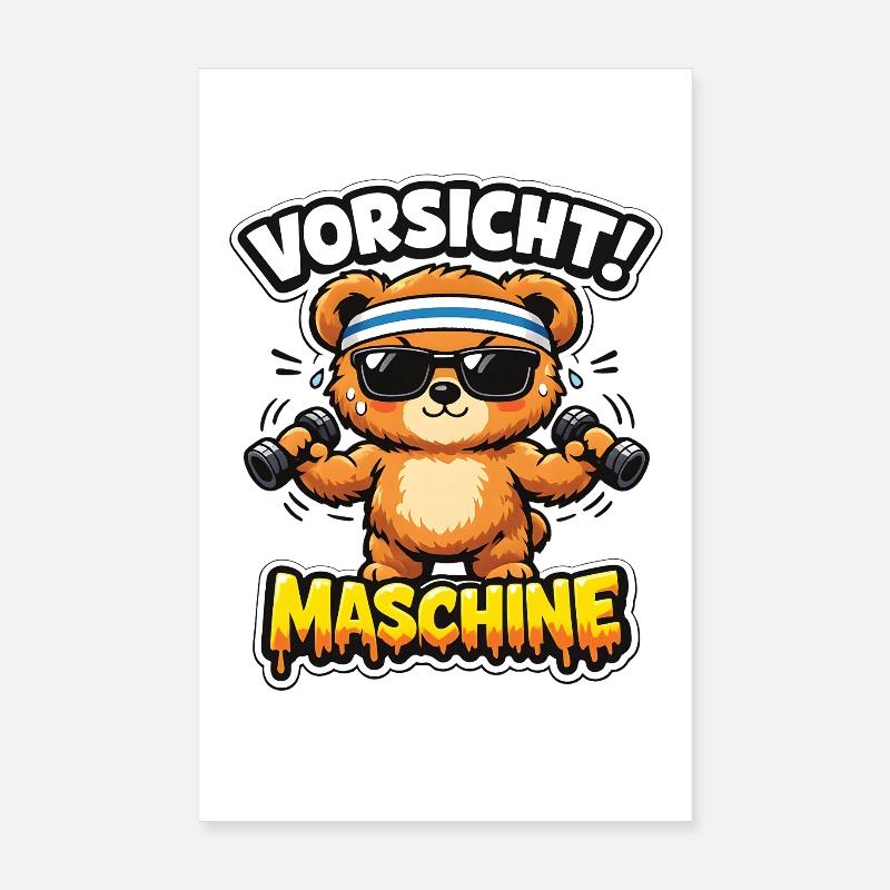 Caution Machine Bear with Dumbbells Poster 8" x 12" (20x30 cm)