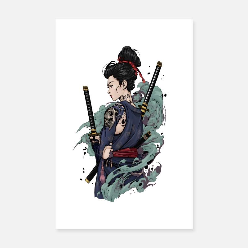 Samurai Kriegerin mit Katana & Oni Tattoo Design Poster 20x30 cm