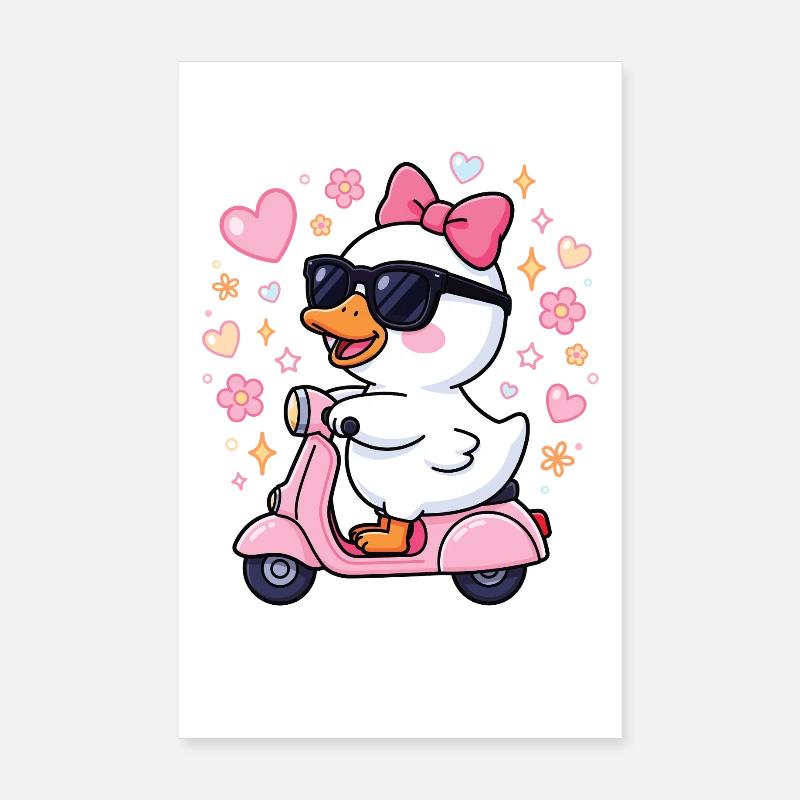Canard sur un scooter rose avec un nœud Poster 20 x 30 cm
