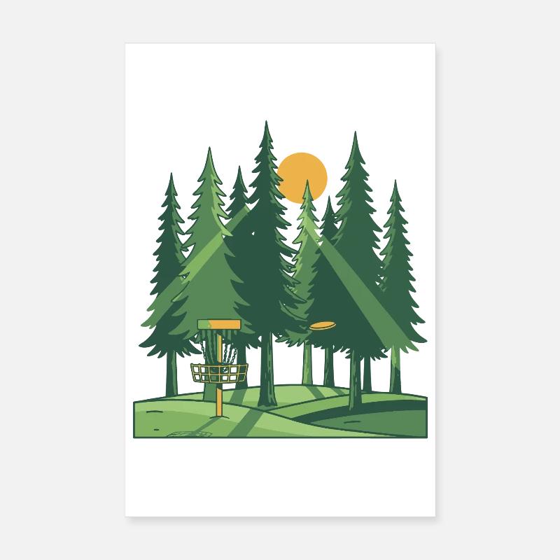 Disc Golf Forest Sunset Flying Disc Basket Scene Poster 8" x 12" (20x30 cm)