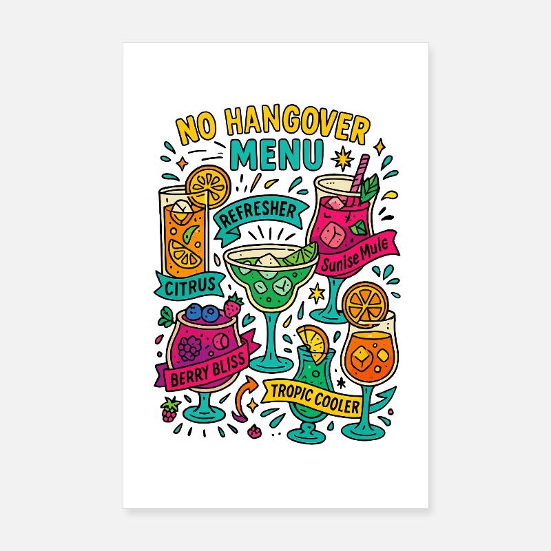 No Hangover Menu, Mocktail Card Poster 8" x 12" (20x30 cm)