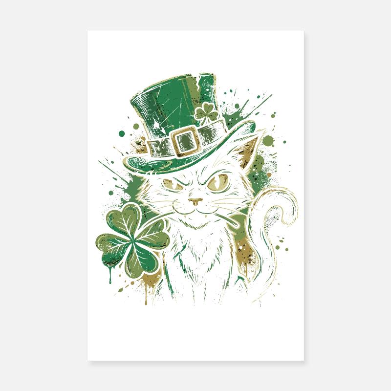 Ronronnement de chat vert avec trèfle Poster 20 x 30 cm