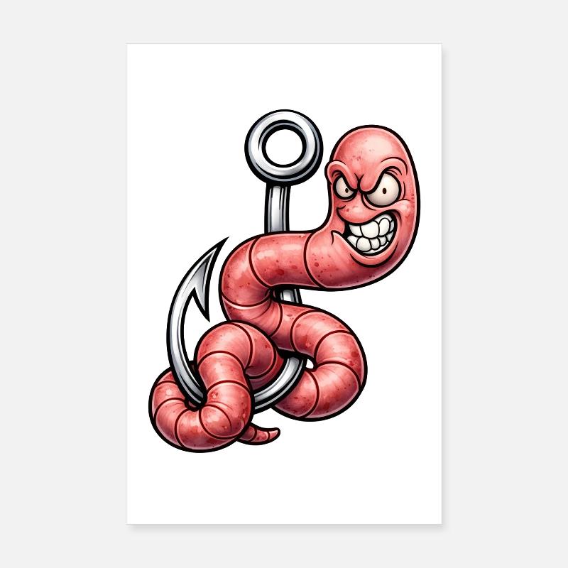 Angry Worm on the Hook – Cartoon Design Poster 8" x 12" (20x30 cm)