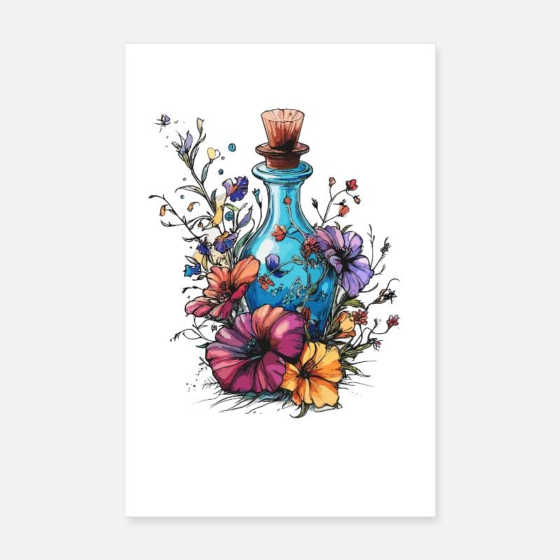 Bouteille de fleurs en pleine explosion de couleurs Poster 20 x 30 cm