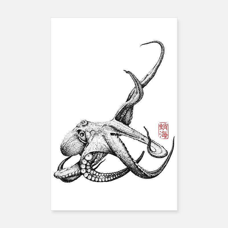 Krake mit Kanji Stamp - Poster 20x30 cm - Weiß