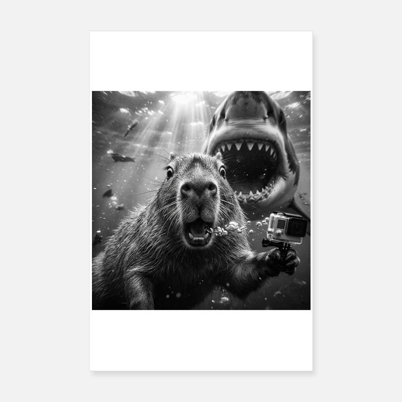 Capybara underwater selfie with shark Poster 8" x 12" (20x30 cm)