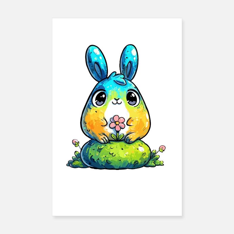 Lapin aquarelle avec fleur Poster 20 x 30 cm