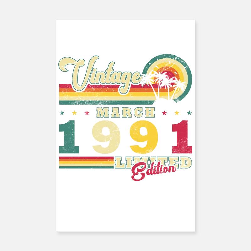 Cadeau pour le 35e anniversaire Mars 1991 Vintage Rétro Poster 20 x 30 cm