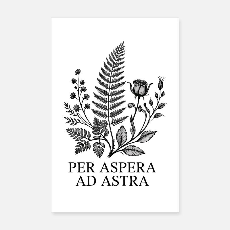 Per Aspera ad Astra Black & White Flower Wreath Latin Poster 20 x 30 cm