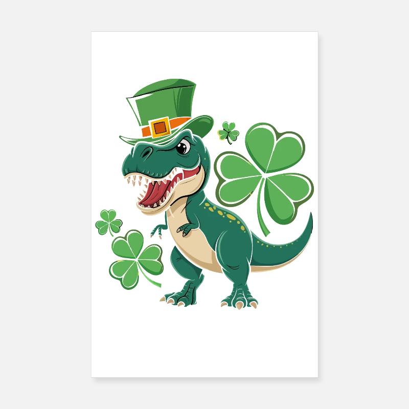 Dino vert avec chapeau de trèfle Poster 20 x 30 cm