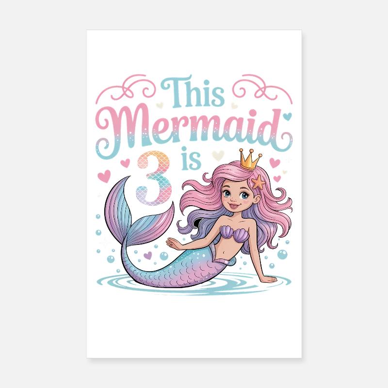Mermaid 3rd Birthday 3 Years Poster 8" x 12" (20x30 cm)