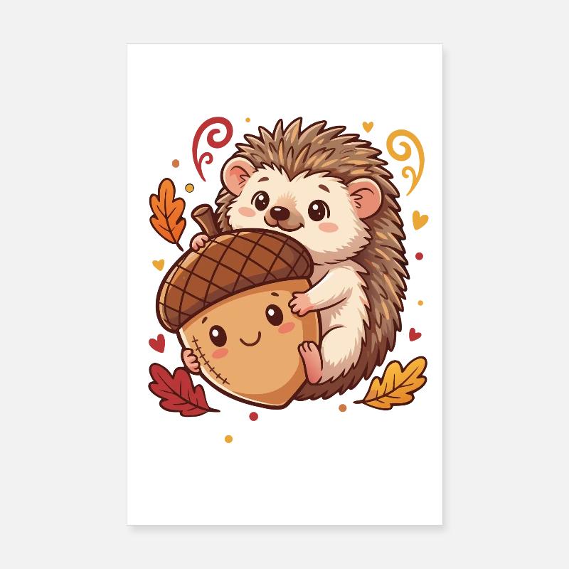Doux hérisson avec un acorn automne - Poster 20 x 30 cm - blanc
