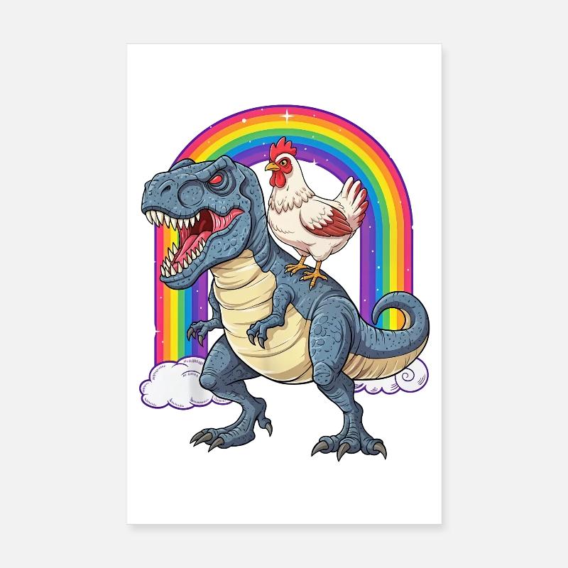 Chicken Riding T-Rex Dinosaur Rainbow Poster 8" x 12" (20x30 cm)