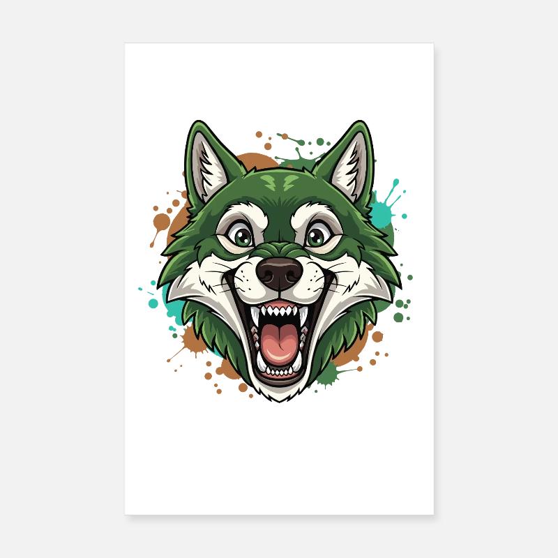 Grüner Wolf mit Farbspritzern Poster 20x30 cm