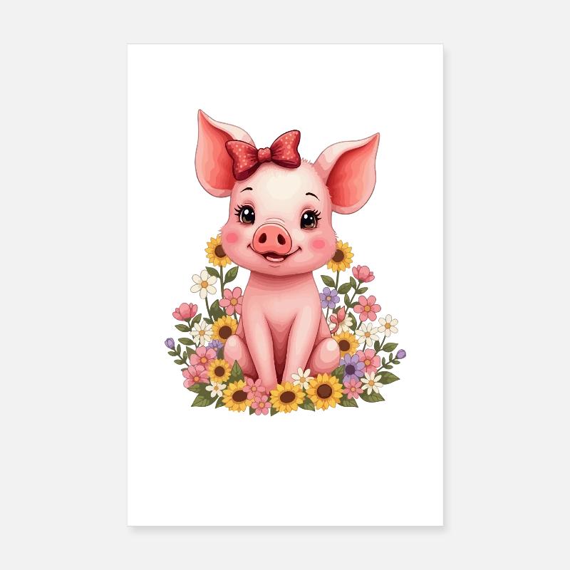 Süßes Schwein mit Schleife und Blumen Ferkel Poster 20x30 cm
