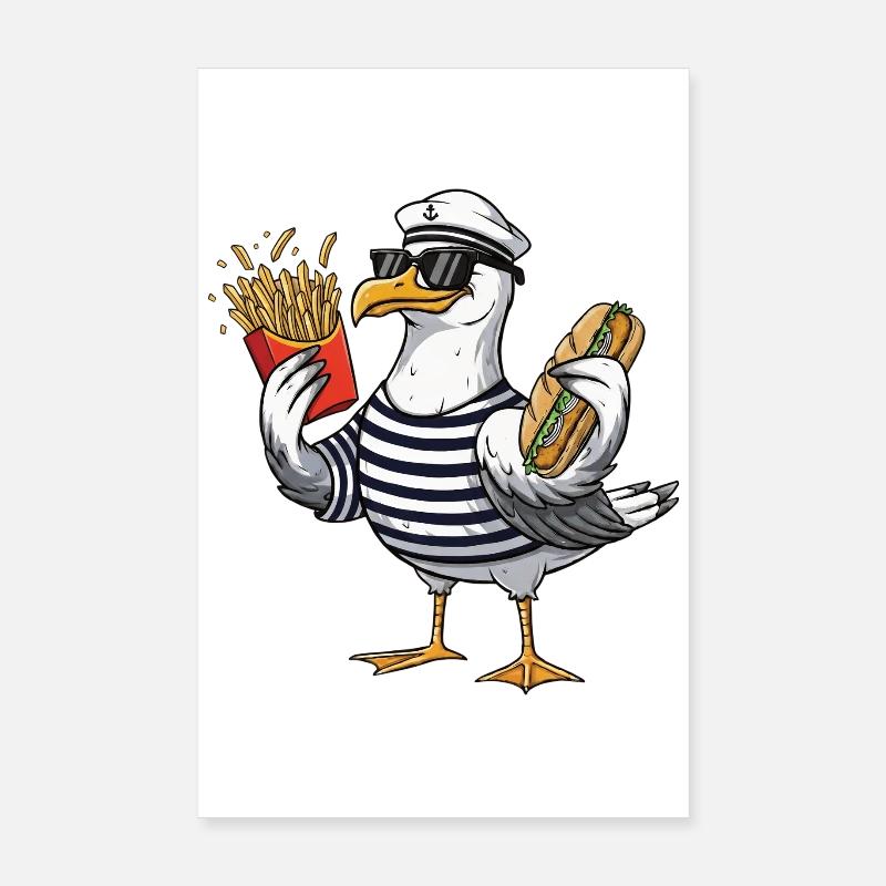 Mouette fraîche mangeant un sandwich de frites Poster 20 x 30 cm