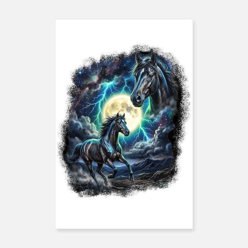 Two Wild Horses with Moon Wildlife Designs Poster 8" x 12" (20x30 cm)
