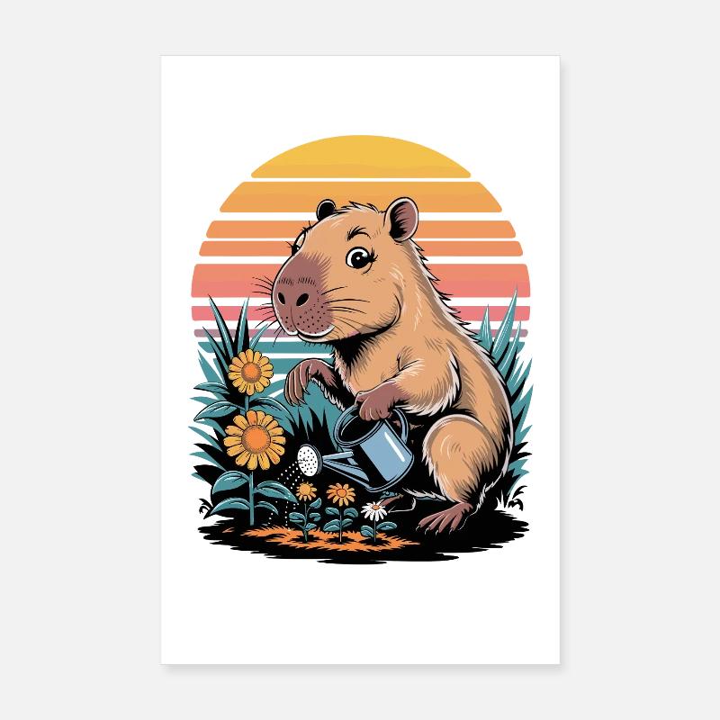 Le capybara arrose les fleurs dans le jardin devant des films rétro Poster 20 x 30 cm