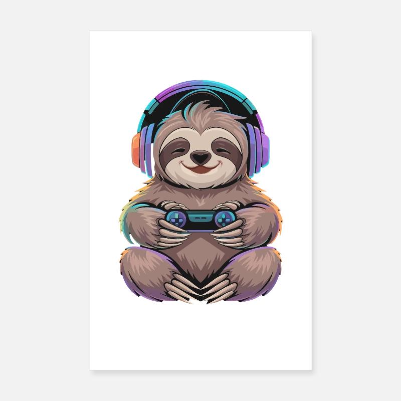  Faultier Gamer Mit Controller Und Bunter - Poster 20x30 cm - Weiß