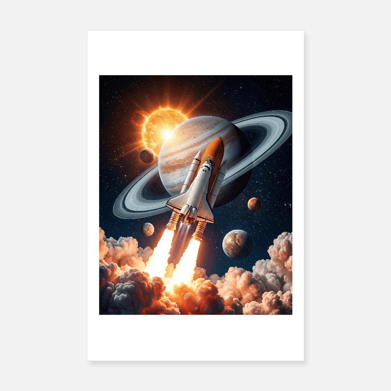 Fusée à travers les anneaux de Saturne dans l’espace Poster 20 x 30 cm