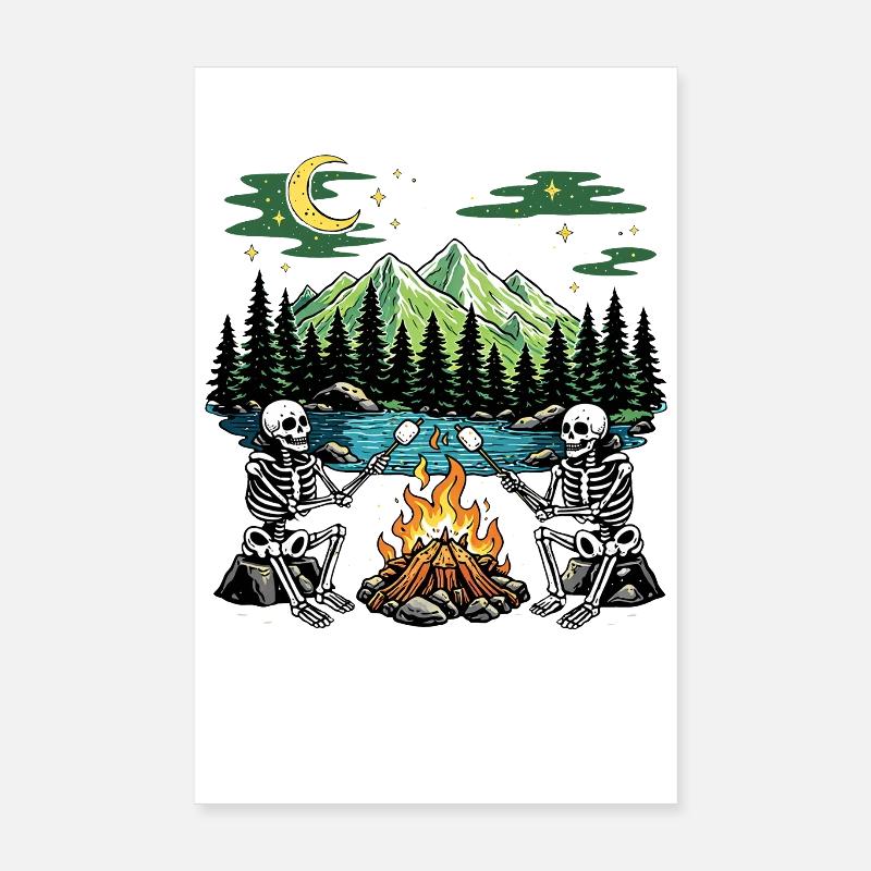 Camp de camping nocturne Marshmallow au feu de camp Skeleton Poster 20 x 30 cm