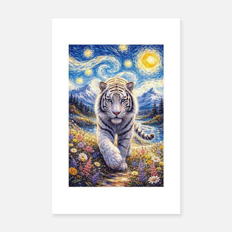 White Tiger Starry Night Poster 8" x 12" (20x30 cm)