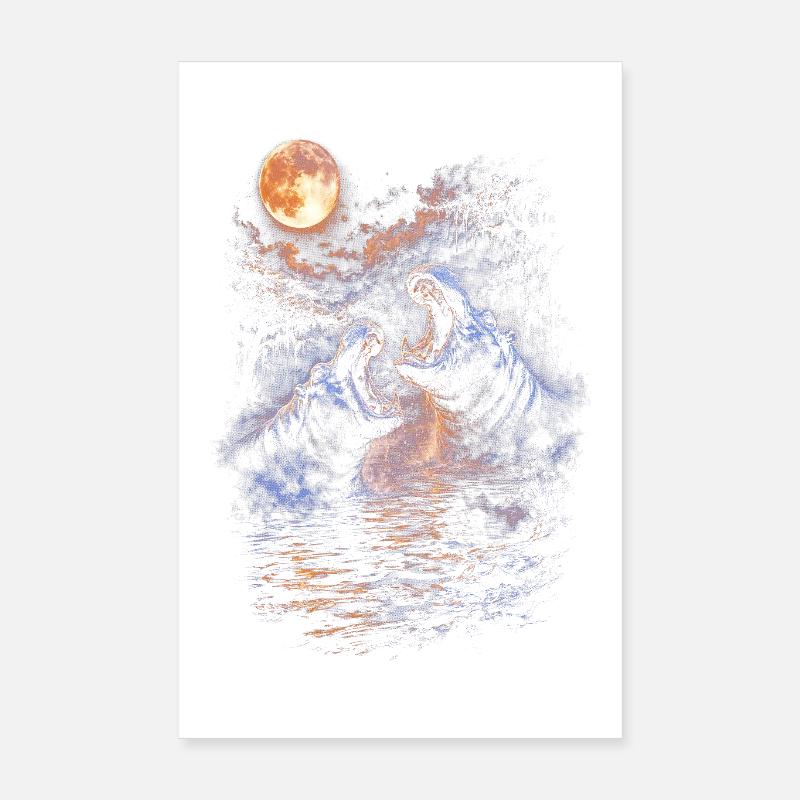 Nuit éclairée par la lune, Hippo-rugissement dans l’eau Poster 20 x 30 cm