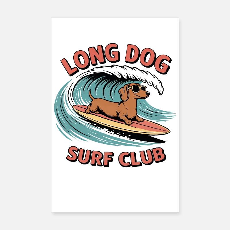 Dackel surft auf einem Board – im Retro-Surf-Stil Poster 20x30 cm