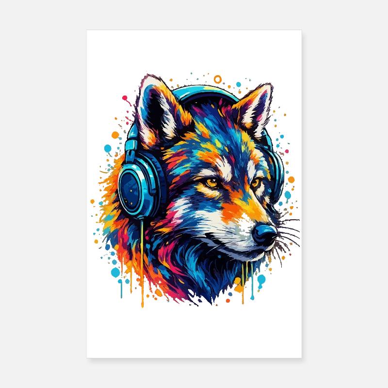 Fuchs mit Neon Kopfhörer Kunst Poster 20x30 cm