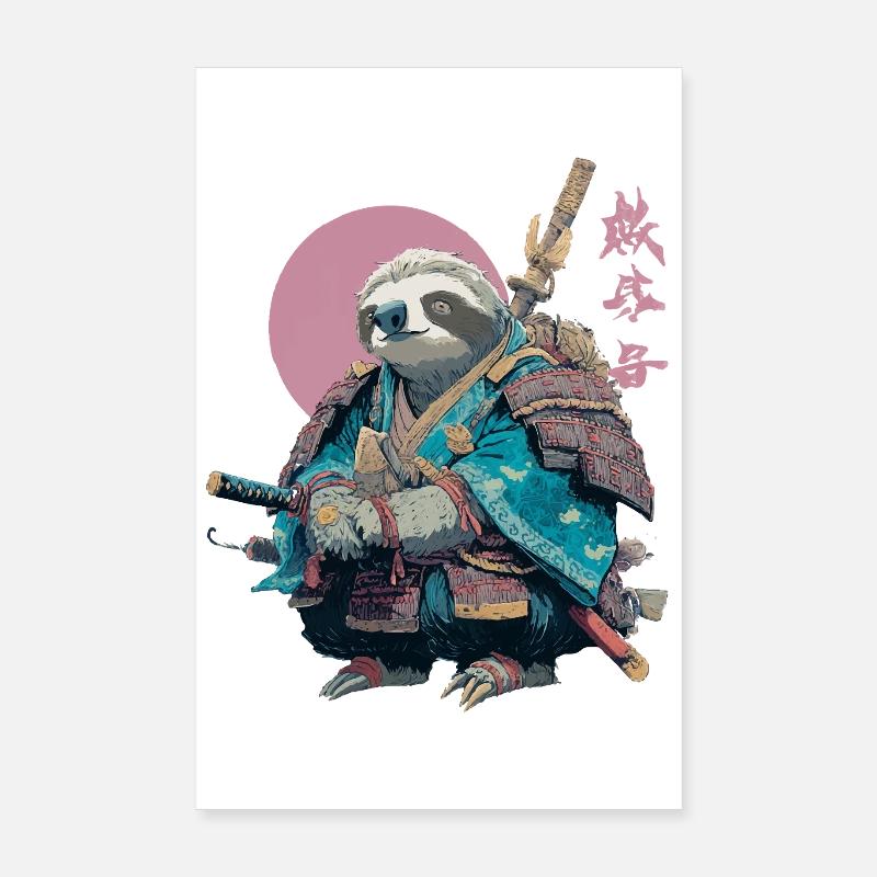 Faultier-Samurai in blauer Rüstung Poster 20x30 cm