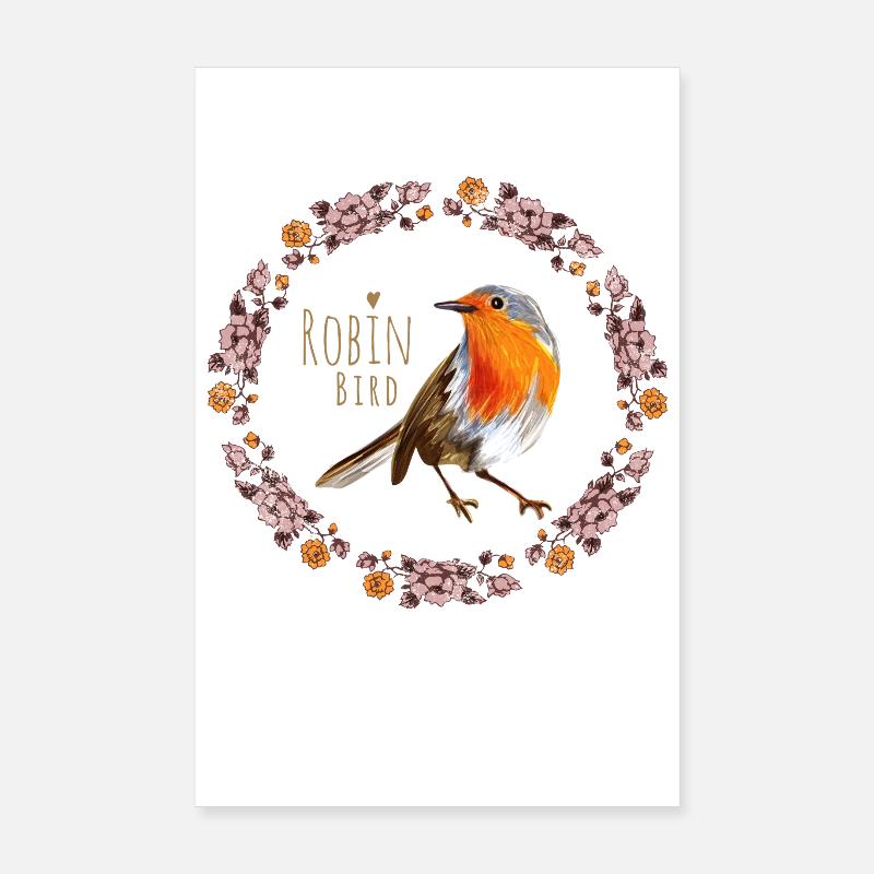 Oiseau rouge-gorge avec design de fleurs botaniques Poster 20 x 30 cm