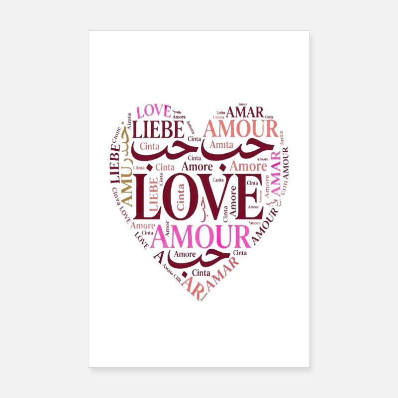 Love in Multiple Languages Heart – Romantic Design Poster 20 x 30 cm