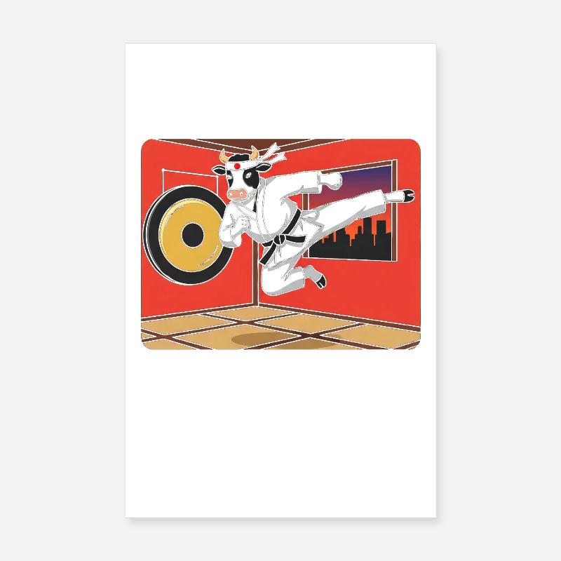 Vache en coup de karaté devant le dojo rouge Poster 20 x 30 cm