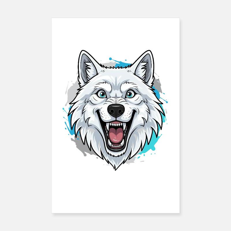 White Wolf Head Cartoon Blue Accents Poster 8" x 12" (20x30 cm)