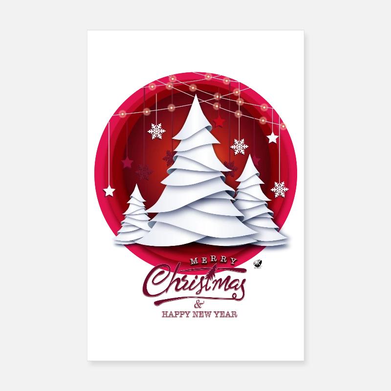 Rotes Weihnachtskugel mit weissen Tannenbäume Poster 20x30 cm