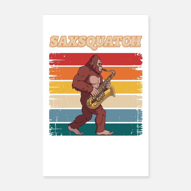 Sax Squatch sur des rayures rétro - Poster 20 x 30 cm - blanc