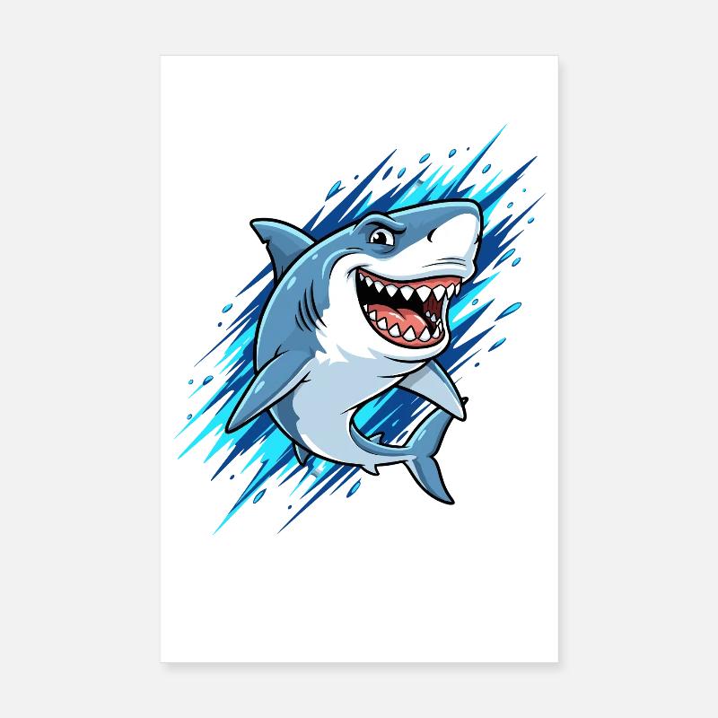 Requin de dessin animé bleu avec des éclaboussures Poster 20 x 30 cm