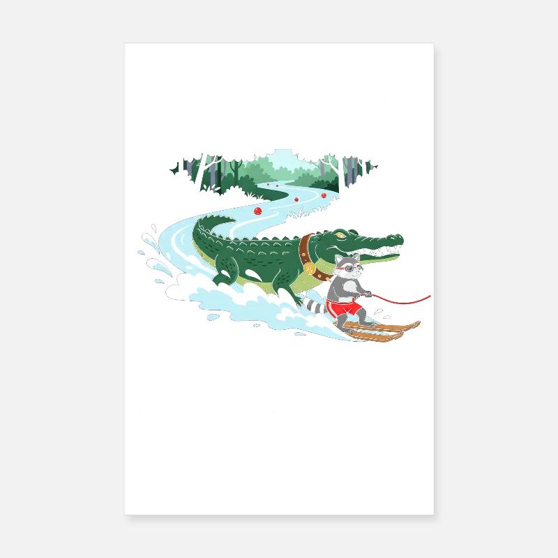 Crocodile Surfeur et Compagnon Chat Poster 20 x 30 cm
