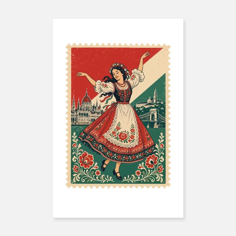 Timbre-poste vintage de danse folklorique hongroise Poster 20 x 30 cm