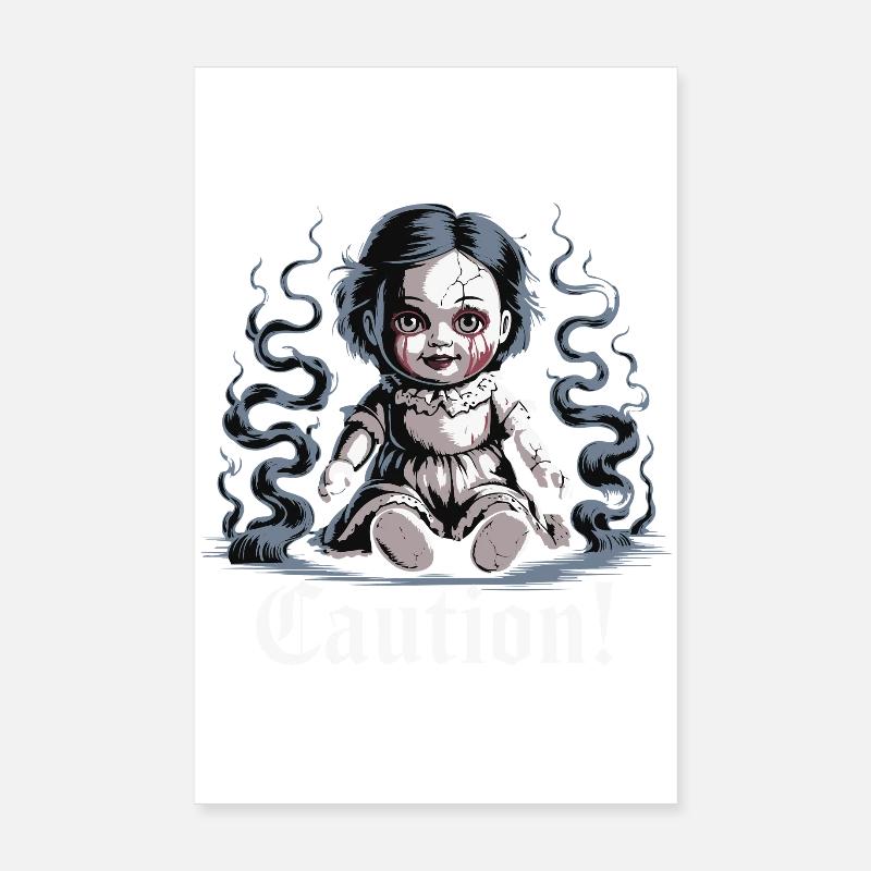 Unheimliche Puppe mit Vorsicht Text Poster 20x30 cm