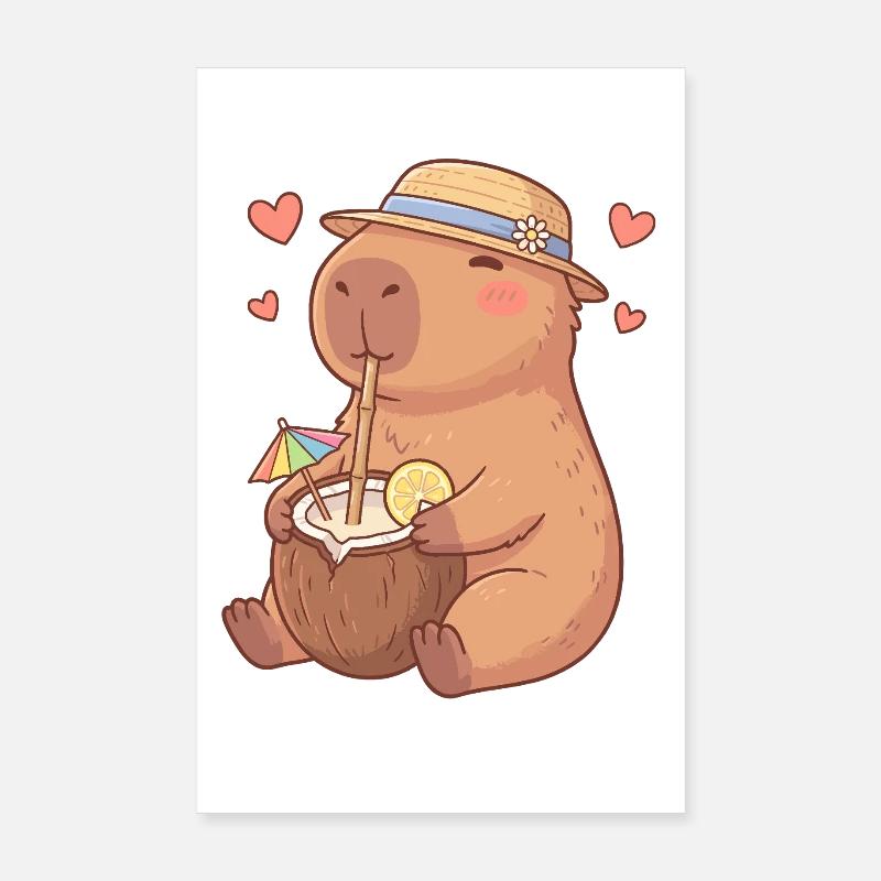 Cute Kawaii Capybara Summer Coconut Water Poster 8" x 12" (20x30 cm)