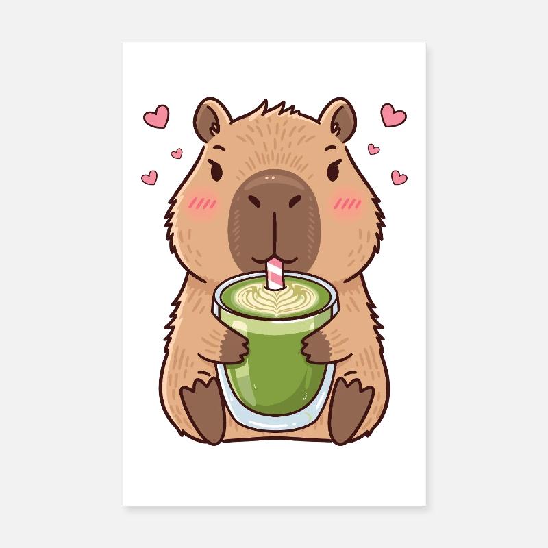 Cute Kawaii Capybara Drinking Matcha Tea Latte Poster 8" x 12" (20x30 cm)