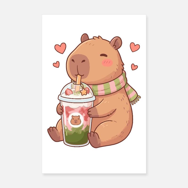 Cute Kawaii Capybara Drinking Strawberry Matcha Poster 8" x 12" (20x30 cm)
